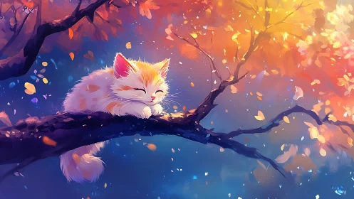 Fluffy Cat on Branch Among Autumn Leaves.