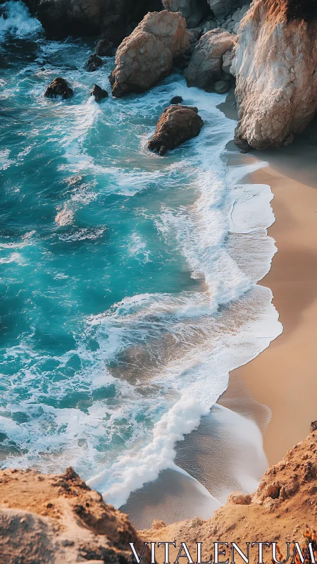 Coastal shoreline with waves, sand, and rocky cliff face.