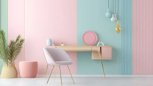 Pastel minimalist home office with split-tone geometric wall design.