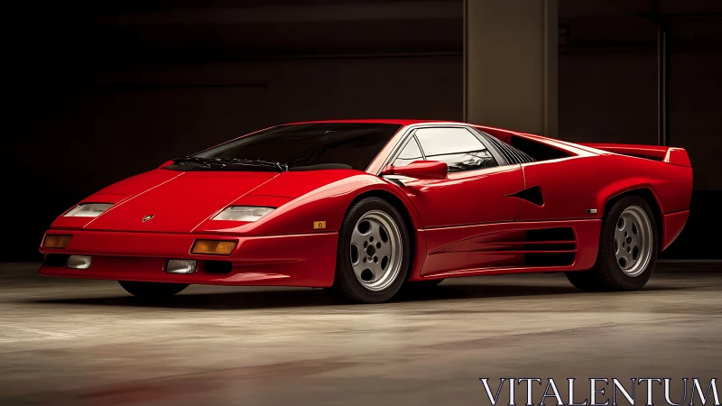 Crimson retro supercar prowling a spotlighted concrete lair.