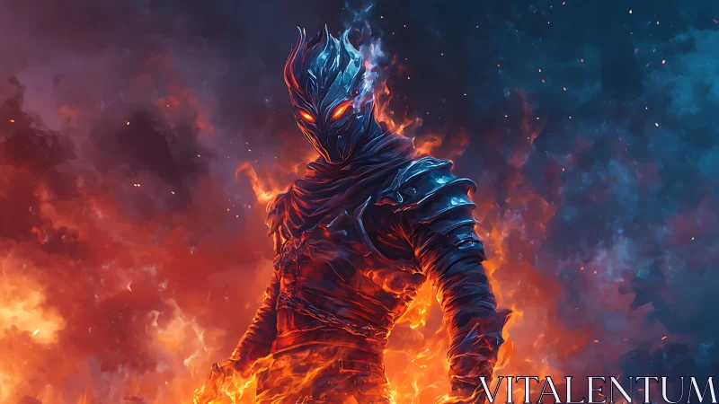 Armored fire elemental warrior in blue and orange flames.