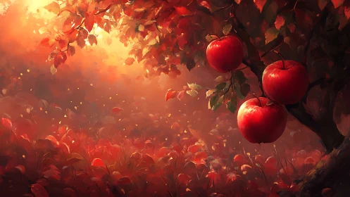 Sunlit autumn apple tree glows in a fiery crimson orchard