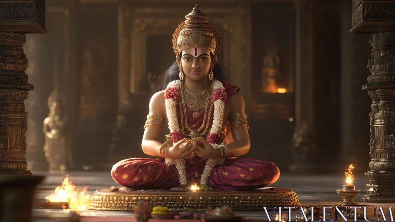 Serene temple goddess rests in garlanded, firelit stillness
