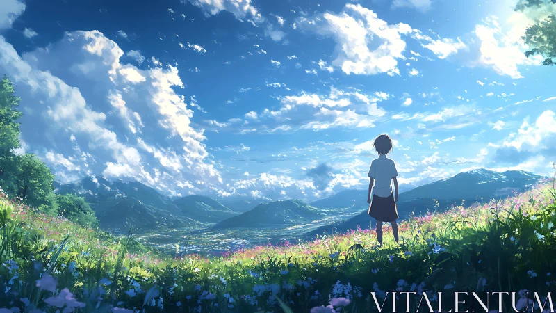 Solitary student observing sunlit alpine valley from meadow