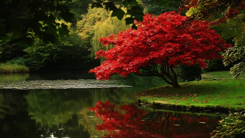 Vivid Red Maple by Tranquil Lake in Lush Green Garden Setting.