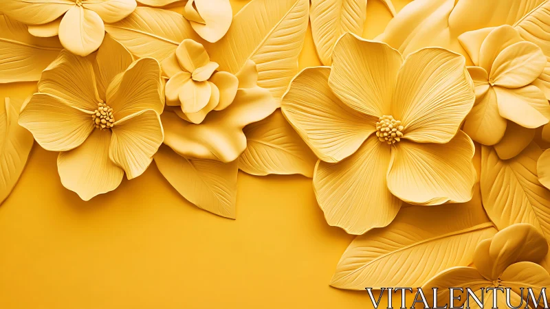 Golden Botanical Relief: Dimensionally Textured Floral Composition with Sculptural Depth.
