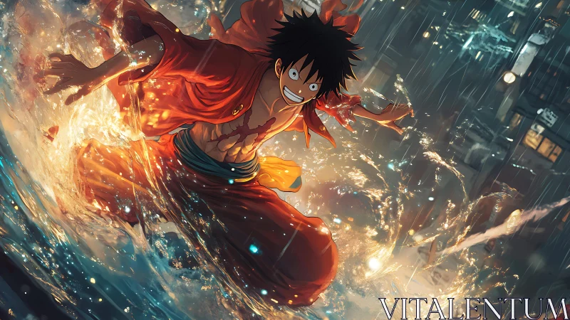 Anime warrior in crimson robe unleashes stormwater power.