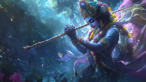 Gentle blue deity playing flute in glowing forest calm.