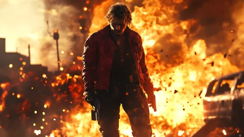 Lone gunman strides through blazing urban inferno.