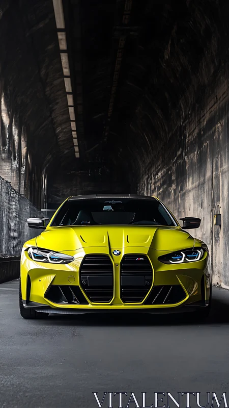 Neon yellow sports coupe glows with power in moody tunnel