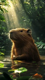 Sunlit jungle capybara contemplating ripples of quiet wonder.