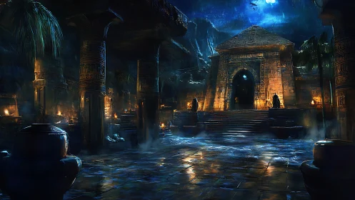 Moonlit desert temple hums under watchful cloaked sentries