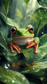 Rain-kissed tree frog rests among glowing jungle leaves