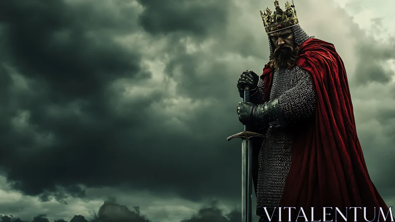 Photorealistic medieval king portrait with stormlit composition.