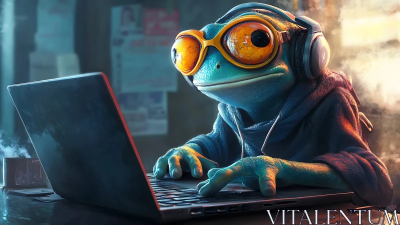 Cyber frog coder with goggles at glowing laptop workstation.
