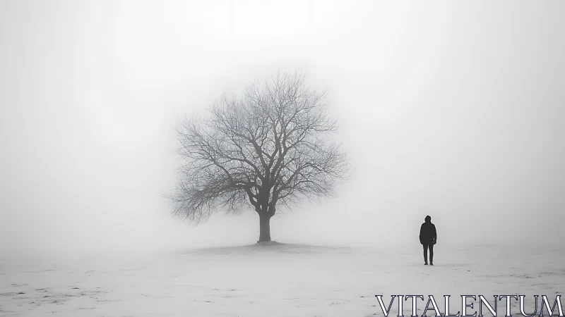 Solitary tree and lone person stand in dense winter fog