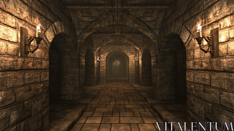 Stone corridor with vaulted arches and wall torches lit.