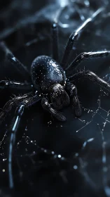 Macro study of dark spider on web with reflective highlights.