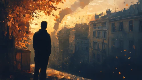 Silhouette viewing autumn cityscape at warm sunset light.