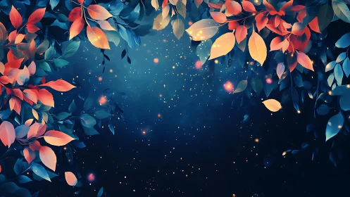 Multicolored foliage framing a dark starry night sky.
