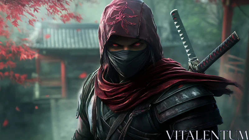 Hooded crimson ninja glares under falling autumn leaves.