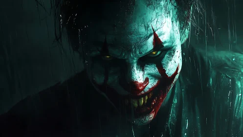 Sinister clown portrait in cinematic teal and crimson lighting.