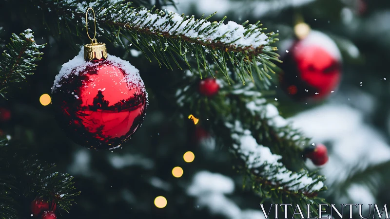 Red Christmas bauble on snow covered evergreen tree branch.