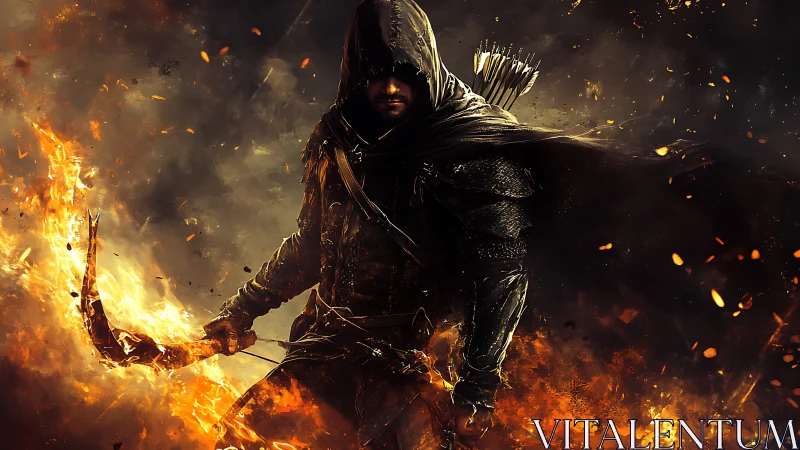 Hooded archer in incendiary combat cloak, dynamic inferno profile.