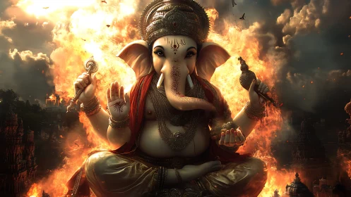 Digital rendering depicts seated Ganesha amid intense flames