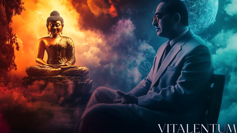 Digital surreal portrait uniting meditating man and Buddha.