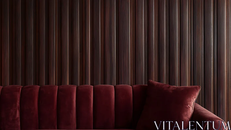 Velvet sofa against fluted walnut wall in low-key interior.