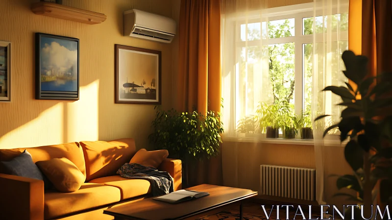Sunlit living room shows orange sofa and window plants