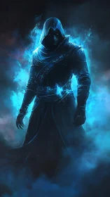 Hooded dark figure stands in blue spectral energy cloud
