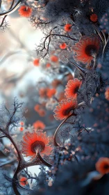 Neo-organic coral blossoms in frosted bokeh forestscape.