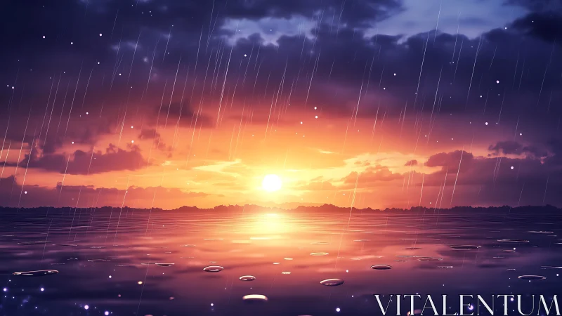 Rainy ocean horizon under vivid orange sunset sky.