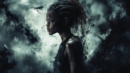 Storm-lit warrior profile amid swirling shadow clouds.