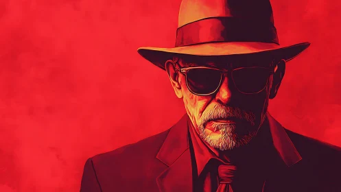 Mysterious older man in red fedora under intense red light.