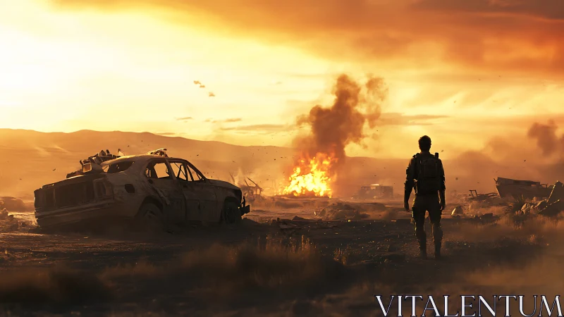 Solitary figure in desert wasteland near burning wreckage.