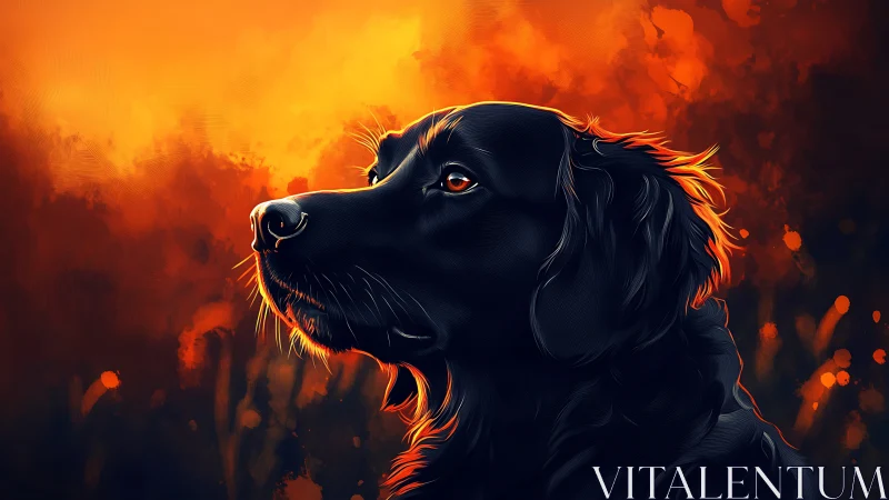 Black retriever profile in vivid orange backlit glow.