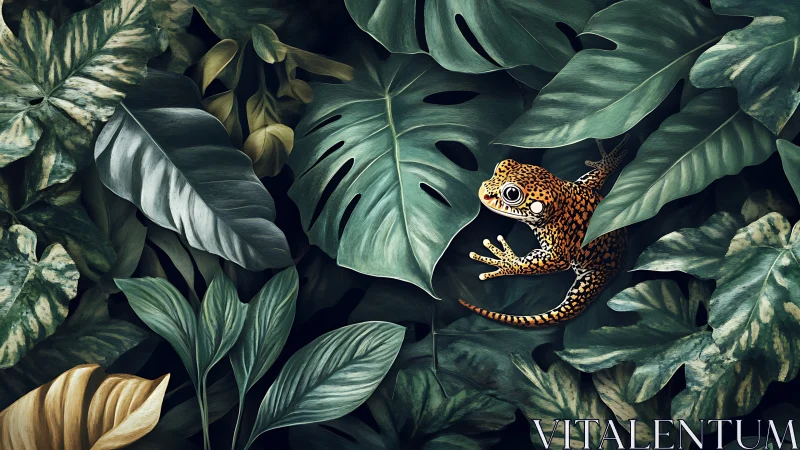 Speckled gecko emerging through layered monstera foliage matrix