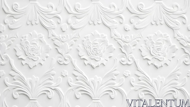 Ornate floral white plaster wall pattern in classic baroque style.