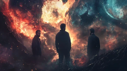 Triadic silhouettes before eruptive nebular starfield gateway.