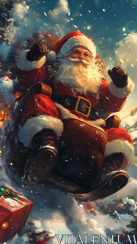 Santa rockets downhill in a snow-splashed sleigh rush.