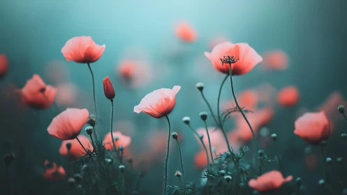 Coral Poppies Dance Through Emerald Dreams.