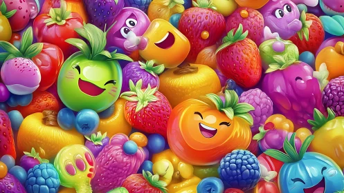Smiling cartoon fruit burst in saturated rainbow palette.