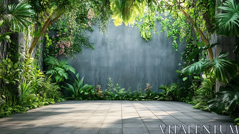 Courtyard jungle hush against a weathered concrete wall.