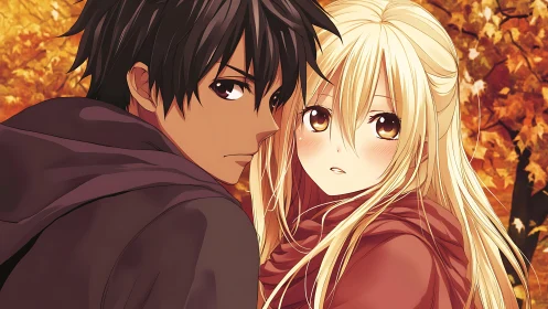 Autumn anime couple share a tender, uncertain quiet moment