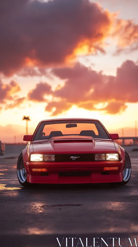 Red classic Mustang front view under vivid sunset sky