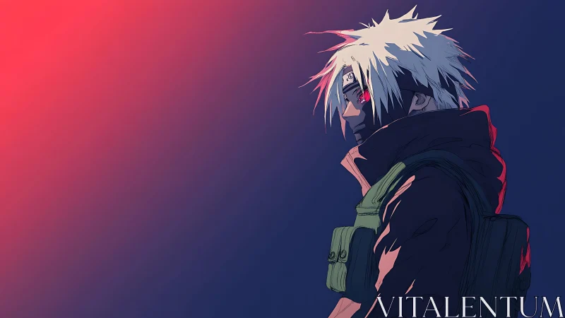 Stoic silver haired ninja paused in neon twilight glow.