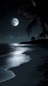 Moonlit tide whispers beneath shadowed palm silhouettes.
